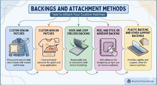 An infographic explaining custom patch backings and other possible attaching methods