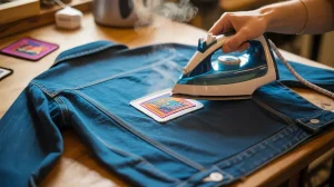 Applying an iron on patch on a denim jacket.