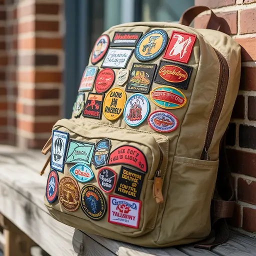 Multiple custom patches attached to a backpack