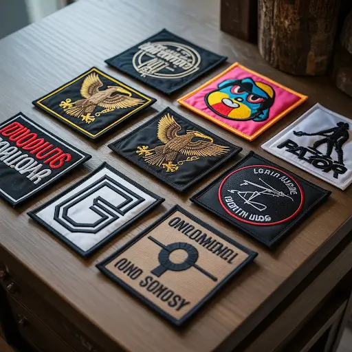 Custom patches in various styles spread across a wooden table