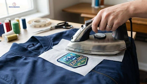 Ironing on a custom patch on a polyester shirt.