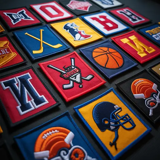 Custom sports patches showcasing various team logos and athletic emblems