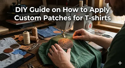 Visual representation of a person using a sewing machine to attach a custom leather patch to a green T-shirt on a well-equipped craft table.
