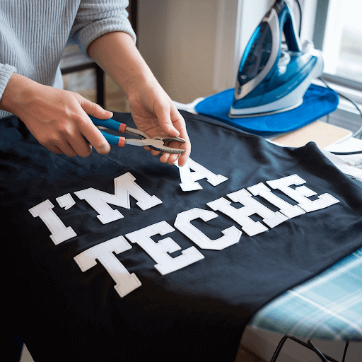A person removing iron on letters from a fabric
