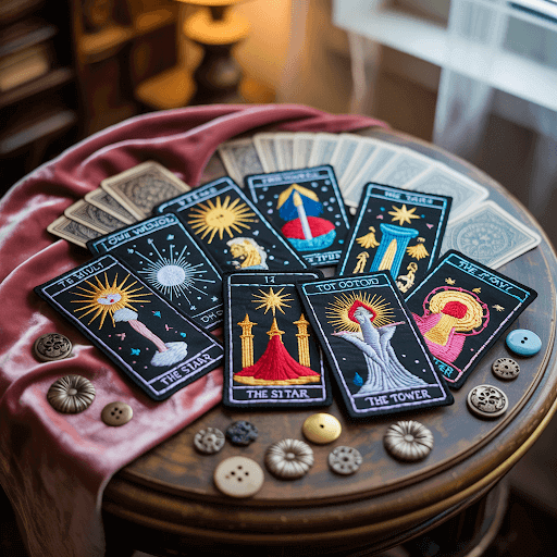 A collection of intricately designed tarot-inspired custom patches