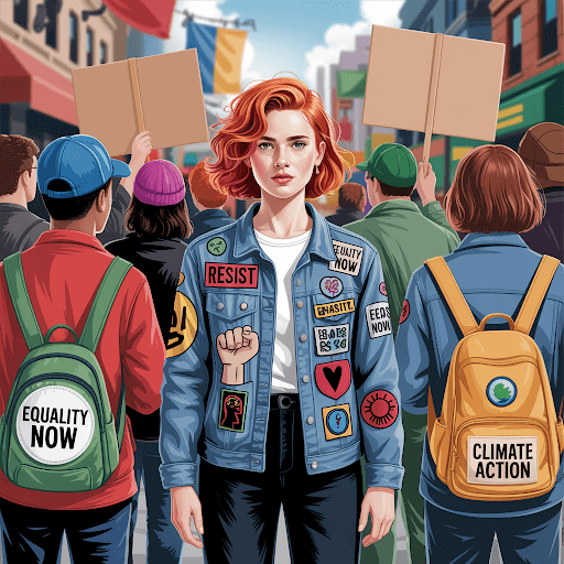 Protesters holding signs and wearing clothing adorned with custom patches