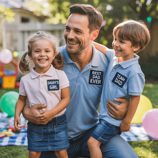 A father and two young children joyfully celebrating Father's Day