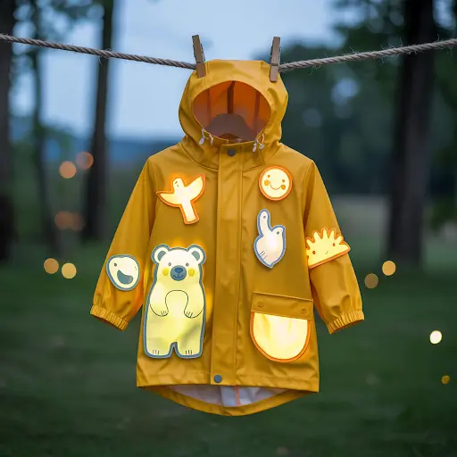 A child's bright yellow raincoat with several Glow-in-the-Dark patches