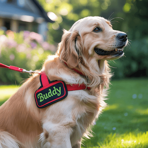 A dog wearing a red leash with a personalized embroidered patch