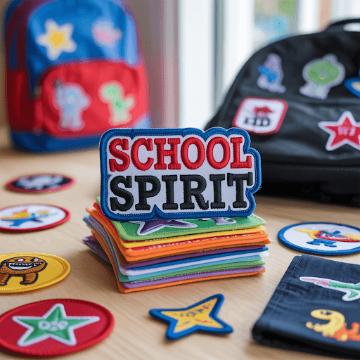 A stack of colorful custom patches arranged on a table