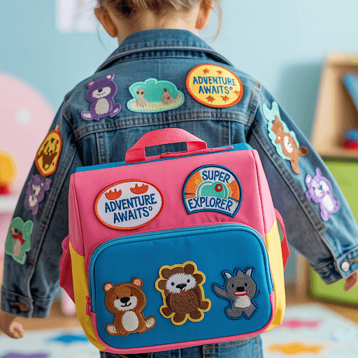 A vibrant collection of custom patches on a colorful school bag