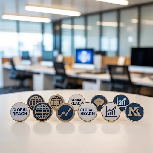 A collection of custom pins arranged on a clean, white surface