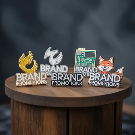 A collection of custom pins arranged on a dark wooden surface