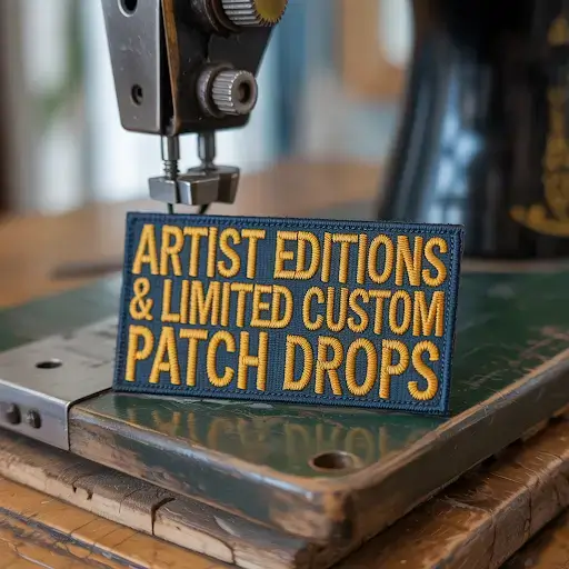 An embroidered patch on a weathered wooden surface