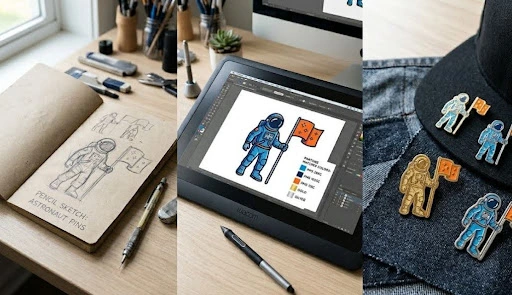 Step-by-step design process for custom pins: sketch, digital, finished.