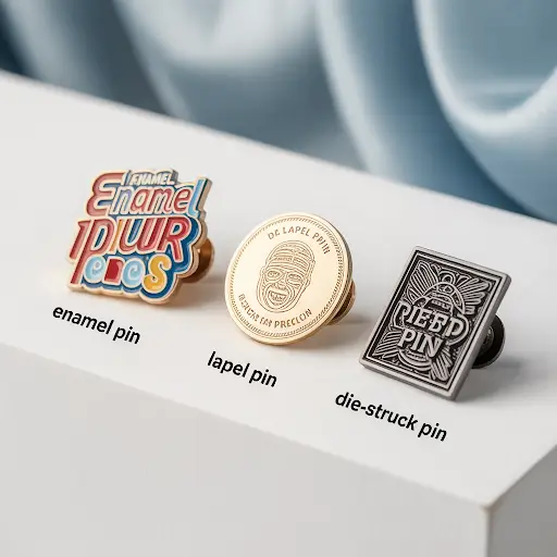 an enamel pin, a lapel pin, and a die-struck pin