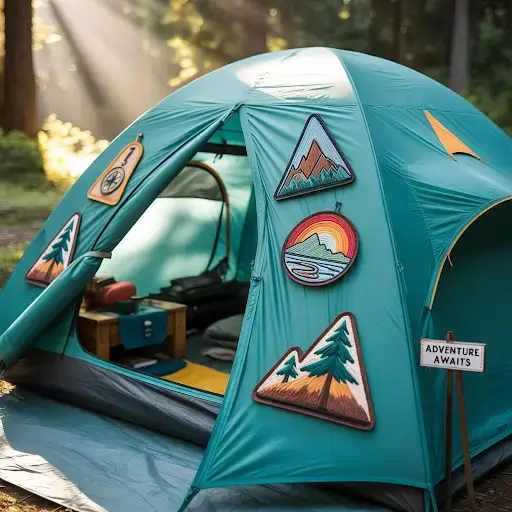 A modern camping tent decorated with custom-shaped patches