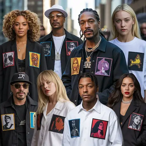 Collage of Hollywood celebrities adorned with custom patches