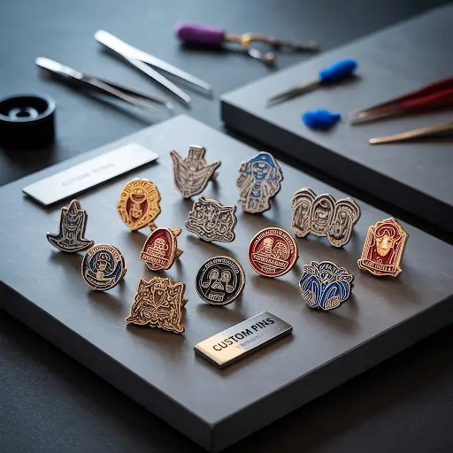 Custom-designed pins arranged on a dark grey surface