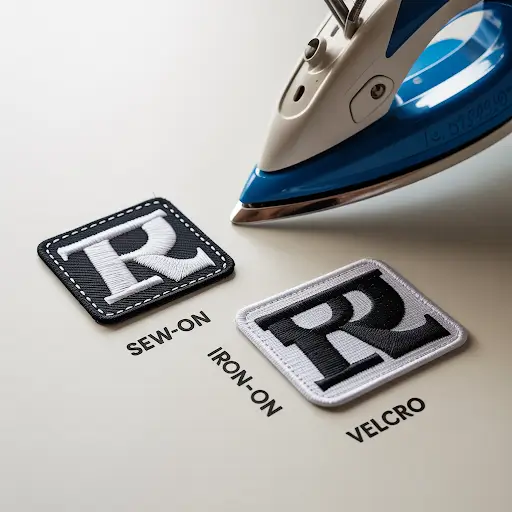 Custom patch backing types arranged on a clean white surface