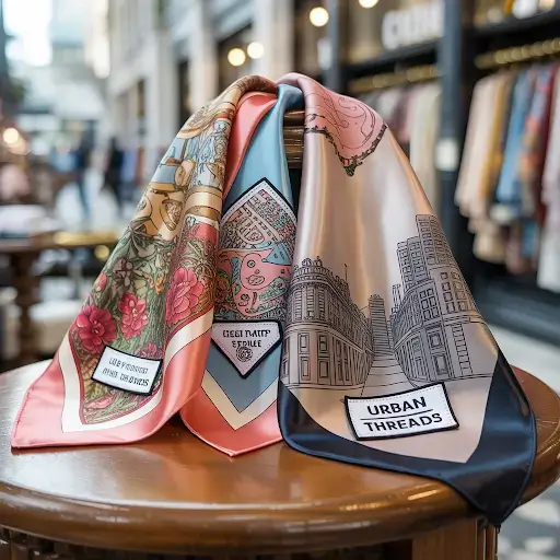 Custom patches elegantly displayed on luxurious silk scarves