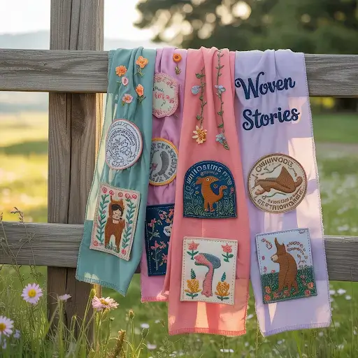 Custom patches sewn onto a collection of colorful scarves