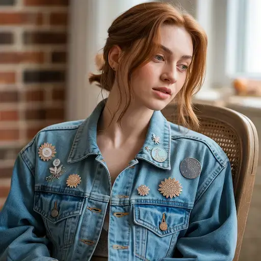Custom pins delicately placed on a stylish denim jacket