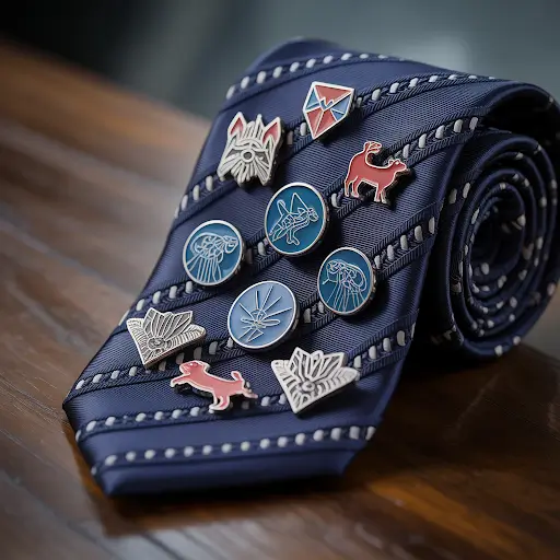 Silk tie adorned with an assortment of custom pins
