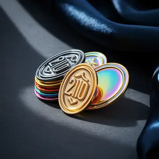 A stack of three custom lapel pins