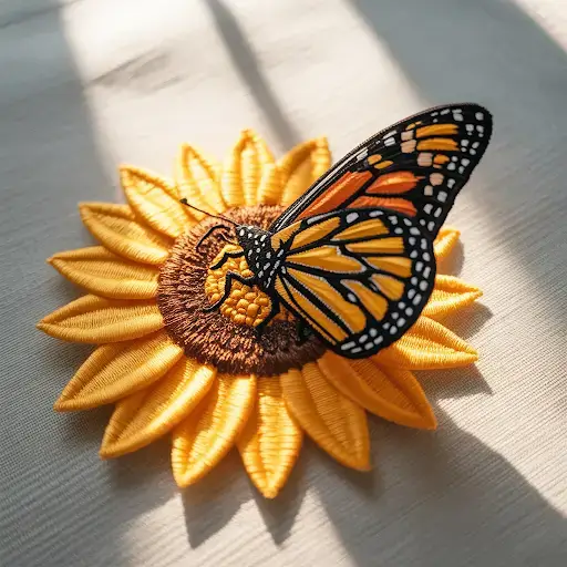 Appliqué and embroidery hybrid patch of a butterfly on a blooming sunflower