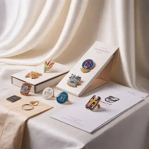 An elegant press kit featuring custom pins