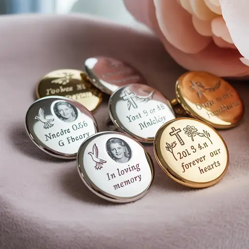 Custom memorial pins arranged on a soft velvet surface