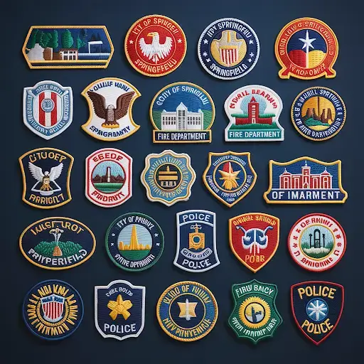 Custom municipal patches for various USA cities and towns