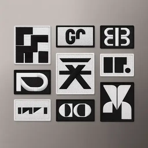 Multiple monochrome patch designs arranged in a grid layout