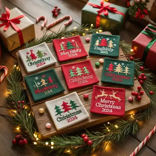 Personalized patches surrounded by festive Christmas decorations.