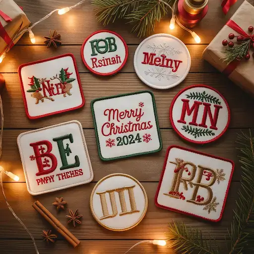 Various personalized Christmas patches for festive holiday decorations