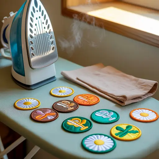 A close-up of Girl Scout patches laid out on a clean ironing board surface