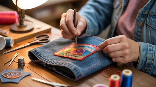 A lady sewing on a patch on denim fabric