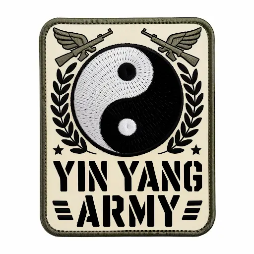 A military-style embroidered patch with a bold yin yang symbol.