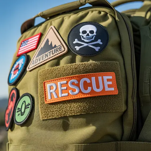 Colorful velcro patches on a tactical olive green backpack