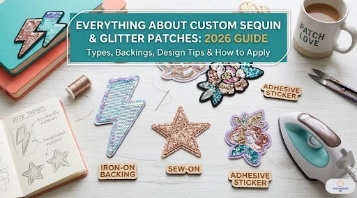 Custom sequin and glitter patches placed on table.