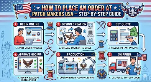 Visual representation of a step-by-step guide to place an order at Patch Makers USA