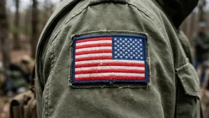 Reversed American flag patch on US Army uniform right shoulder meaning.