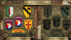 Vietnam-era subdued military patches vs. full-color shoulder sleeve insignia.