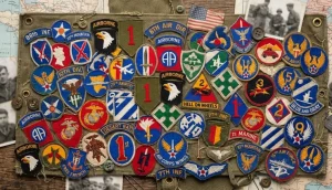 WWII US Army unit patches 82nd Airborne, 101st Screaming Eagles, Big Red One.