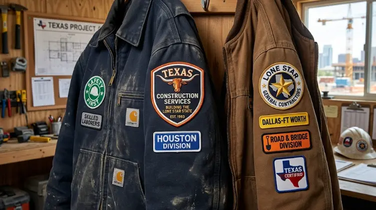 Construction uniform patches on workwear jackets in Texas.