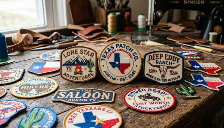 Custom logo patches for Texas-based businesses, kept on a wooden table