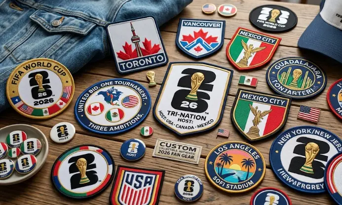 Custom patches and pins for FIFA World Cup 2026 laid on a wooden table