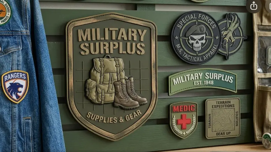 PVC patches for military surplus on a wooden display.