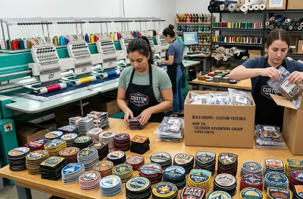 Preparations for a bulk order delivery of custom embroidered patches at a patch-making facility in the USA